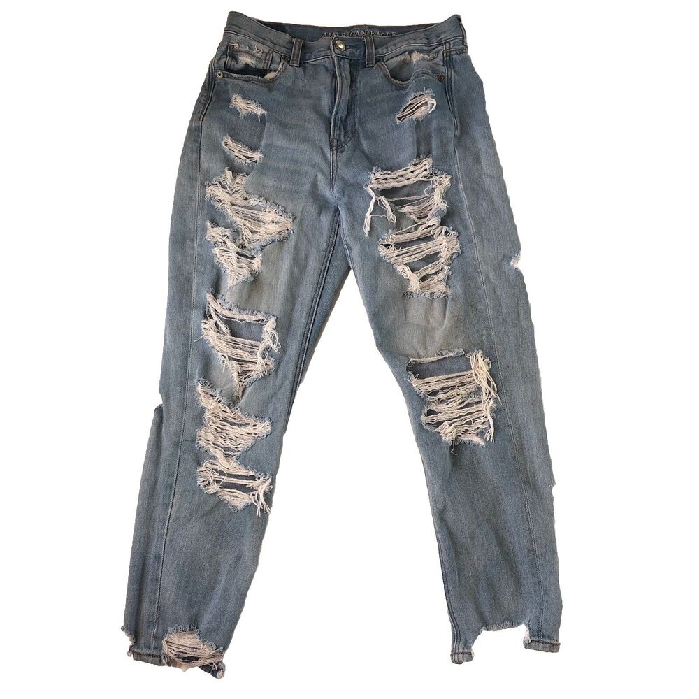 American Eagle Women’s Mom Jean Light  Blue Distressed Size 4 Short - Picture 2 of 16